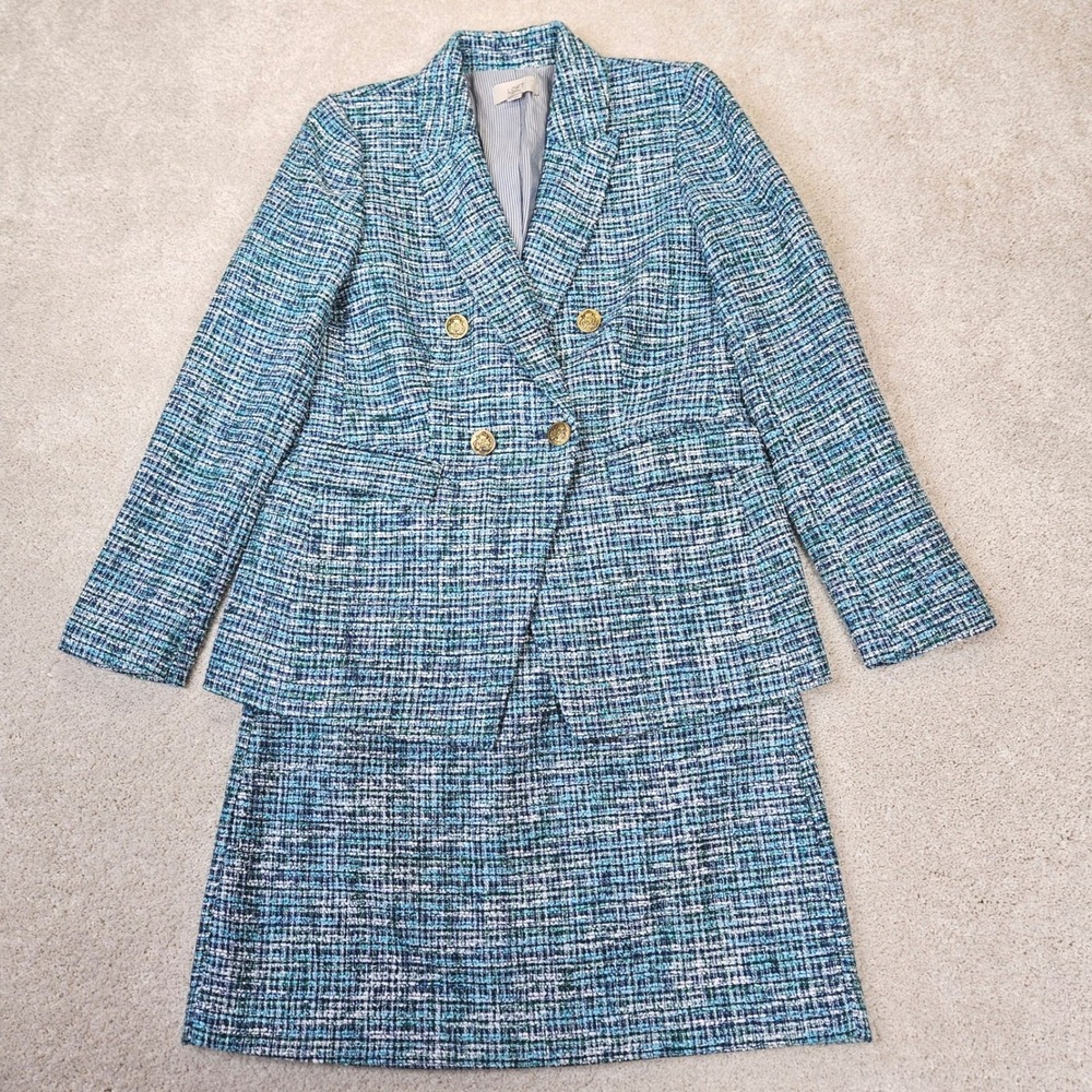 LOFT‎ Tweed Y2K Blazer Skirt Suit Preppy Gold Button Double Breasted Corporate